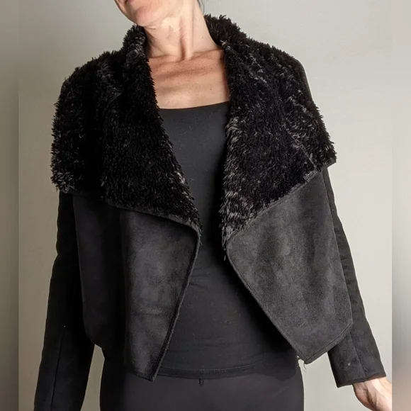 Black suede shearling cropped jacket, vintage style, Pico 1988 size S - Picture 2 of 16